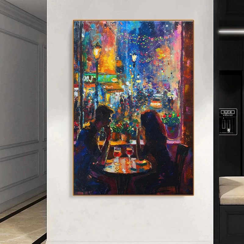 Couple Eating Out Abstract Modern Oil Print Poster Multicolor Potrait Romantic Street View Wall Art Canvas Painting Home Decor