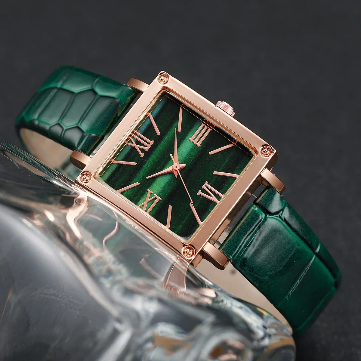 Conjunto de reloj verde para mujer, tendencia de moda, reloj de cuarzo con esfera rectangular simple, regalo perfecto