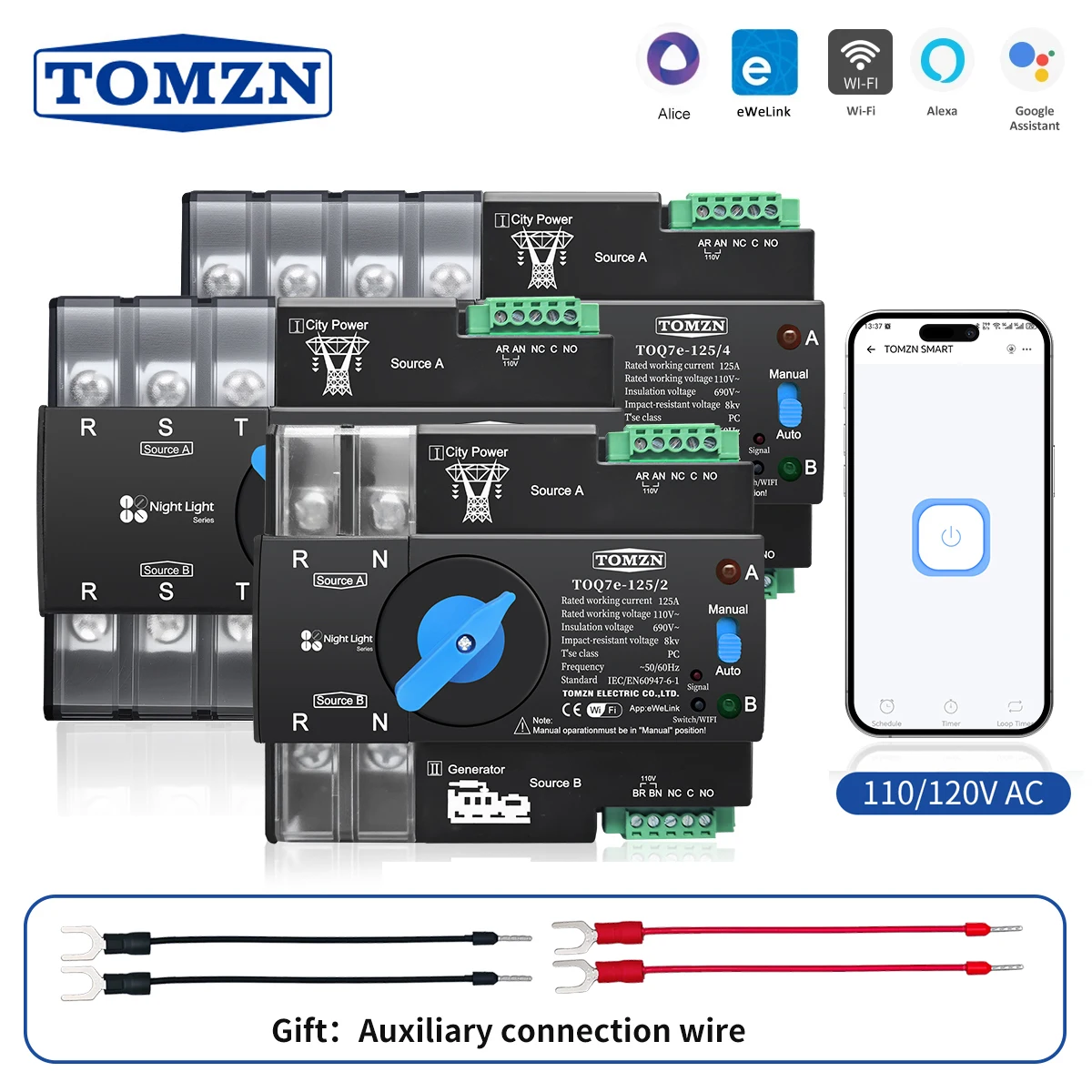 

TOMZN 110V 120V Three Phase WIFI smart ATS Dual Power Automatic TransferSelector Switch Uninterrupted 2P 3P 4P eWeLink Din Rail
