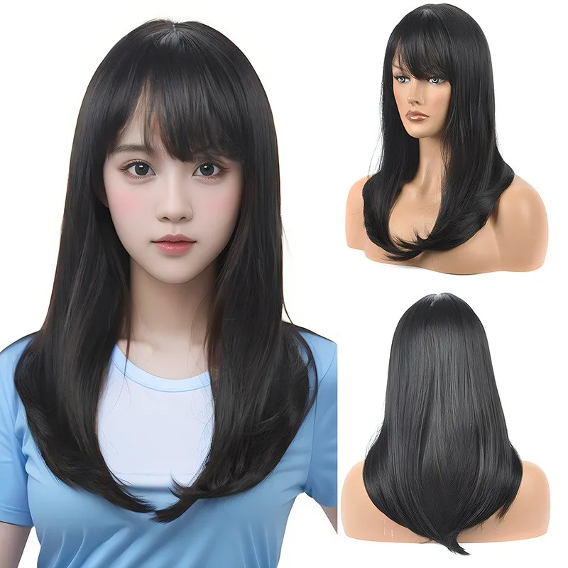 Short Wig Natural Black 45cm Medium Short Wig Rose Net Synthetic Hair Wigs Headband Bob Wig for Daily Use