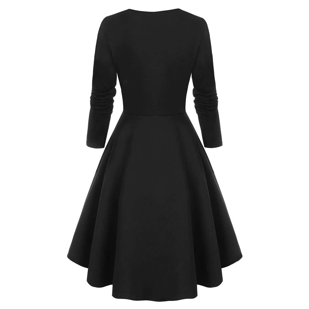 女性のチェック柄ヴィンテージゴシックスクエアネック Tシャツドレス冬のレディース長袖レトロパーティーボタン膝丈ドレス