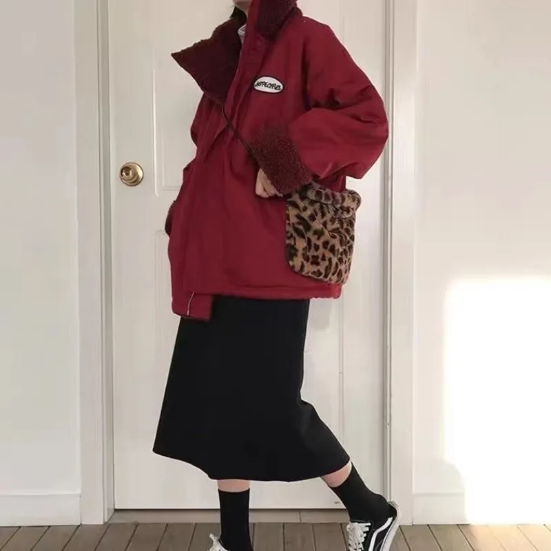 Women's Reversible Coat Autumn Winter Lambswool Jacket Student Top Double-sided Stand-up Collar Coat Thicken Cotton Coat