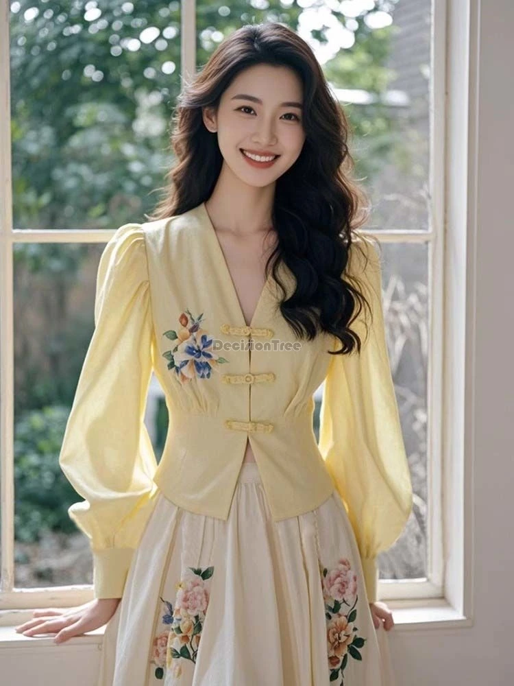 2024 chinese style suit yellow disc button v-neck long sleeve embroidery shirt printed skirt two-piece tang suit set female b240