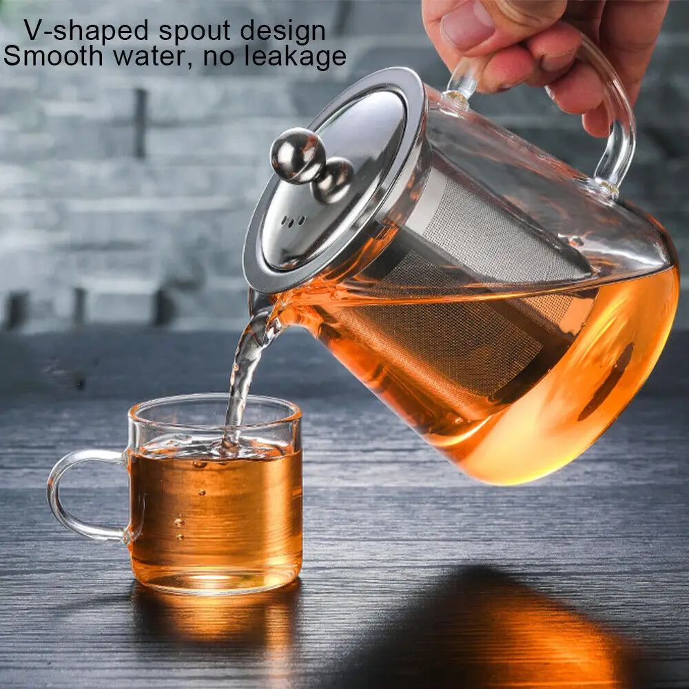 Teapot with Strainer Heat Resistant ClearGlass Teapot Jug With Infuser Coffee TeaLeaf Herbal Pot for Kitchen