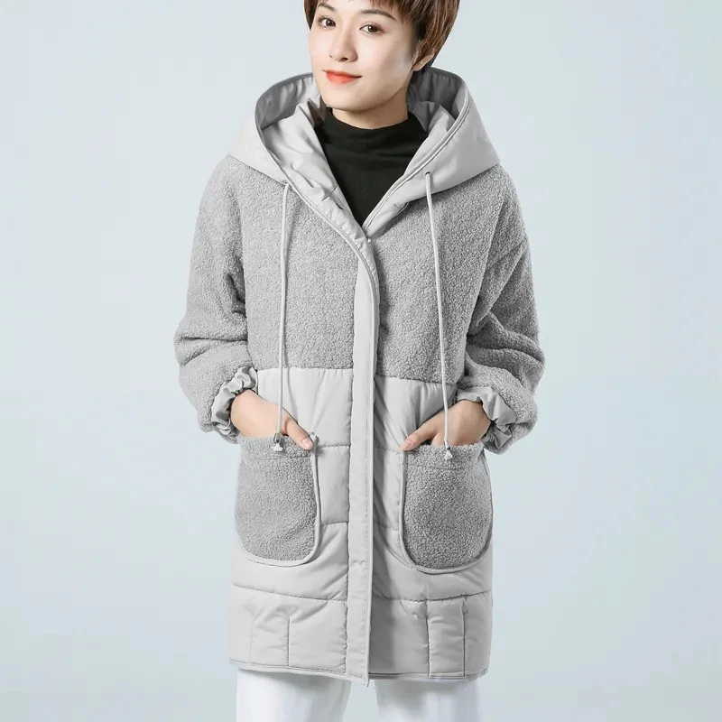 

Thick Warm Cotton Jacket Women Overcoat 2024 Autumn Winter New Korean Mid-Length Loose Hooded Imitation Lamb Wool Stitching Coat