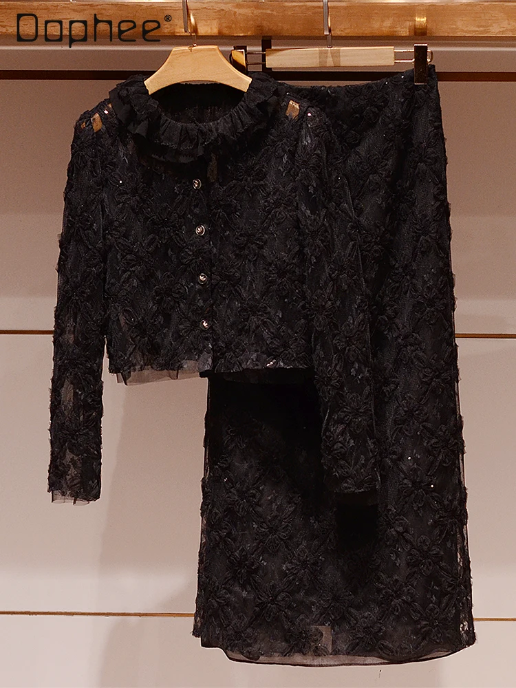 

High End Graceful Socialist Skirt Sets Lace Patchwork Round Neck Long Sleeve Top High Waist A-line Skirt Two-piece Set for Women