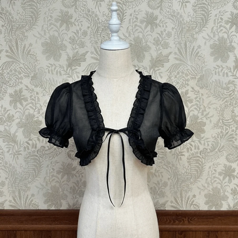 Thin Chiffon Lolita Cardigan Blouse Puff Sleeves Bubble Sleeves Sun Protection Outer Ruffled Crop Top Y2K Blouse Summer Wear