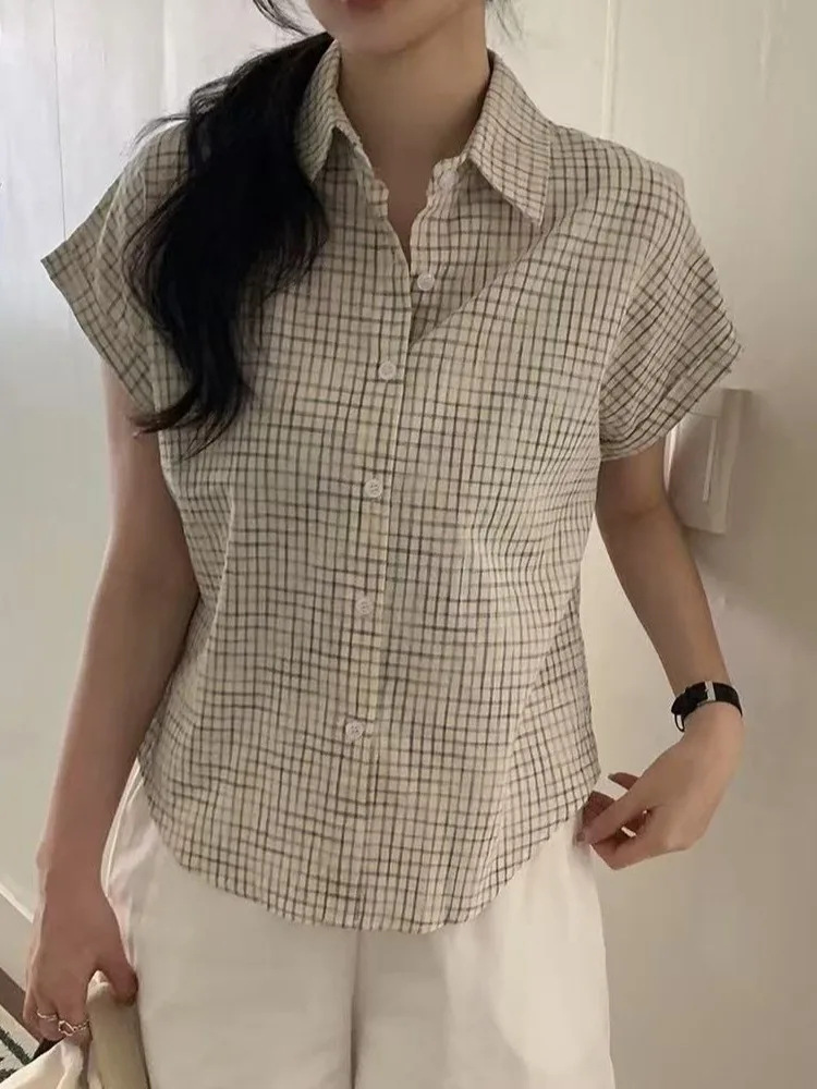 Csa de Manga Corta a Cuadros para Mujer, Verano 2025, Hoada, Versátil, Linda, Única, Hermosa, Estilo Casual, Corte Recto...