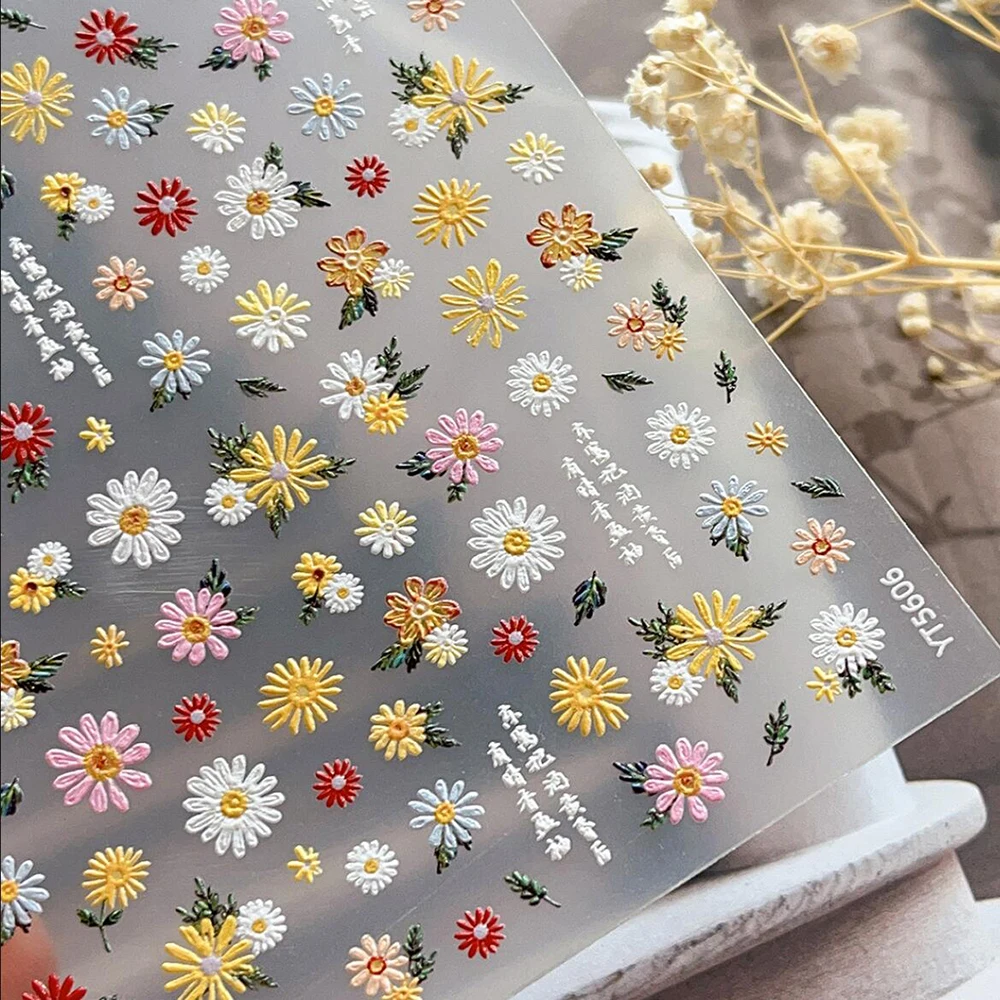 Adesivi per Unghie 5D con Margherite Bianche/Rosa in Rilievo, Decalcomanie Autoadesive Eleganti con Fiori di Margherita