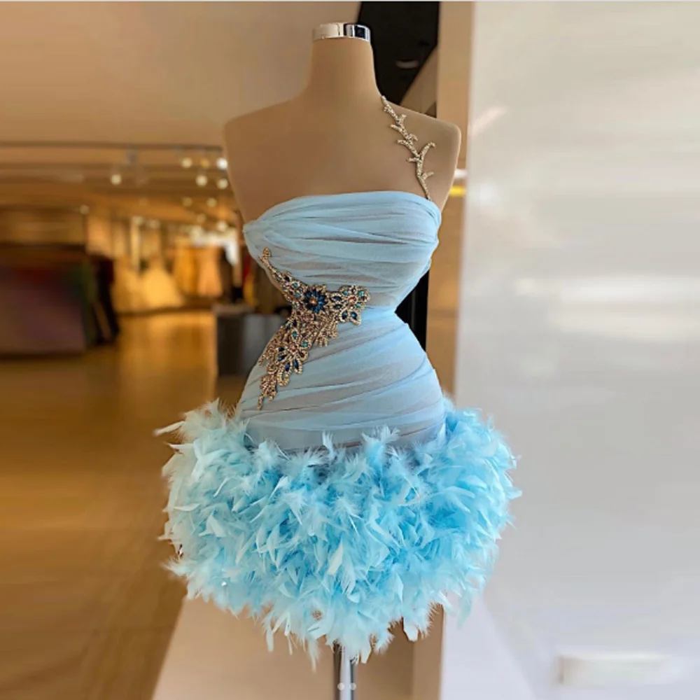 

Customized Customized Delicate Sheath Evening Dress with One-Shoulder Feather Rhinestones Short Cocktail Dresses Vestidos De No