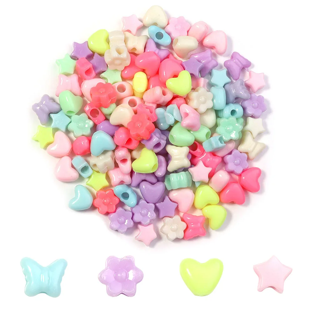 200pcs/Lot Candy Color Acrylic Beads Heart Butterfly Flower Star Color Plated Spacer Bead for Decoration Making DIY Accessories