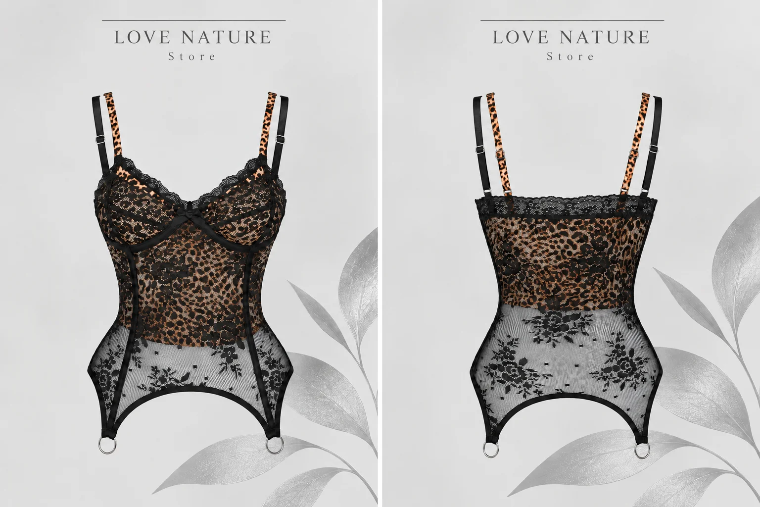 【LOVE NATURE Store】Women's Sexy Leopard Print Lace Bustier Top, Sheer Mesh Corset Lingerie with Adjustable Straps and Garter
