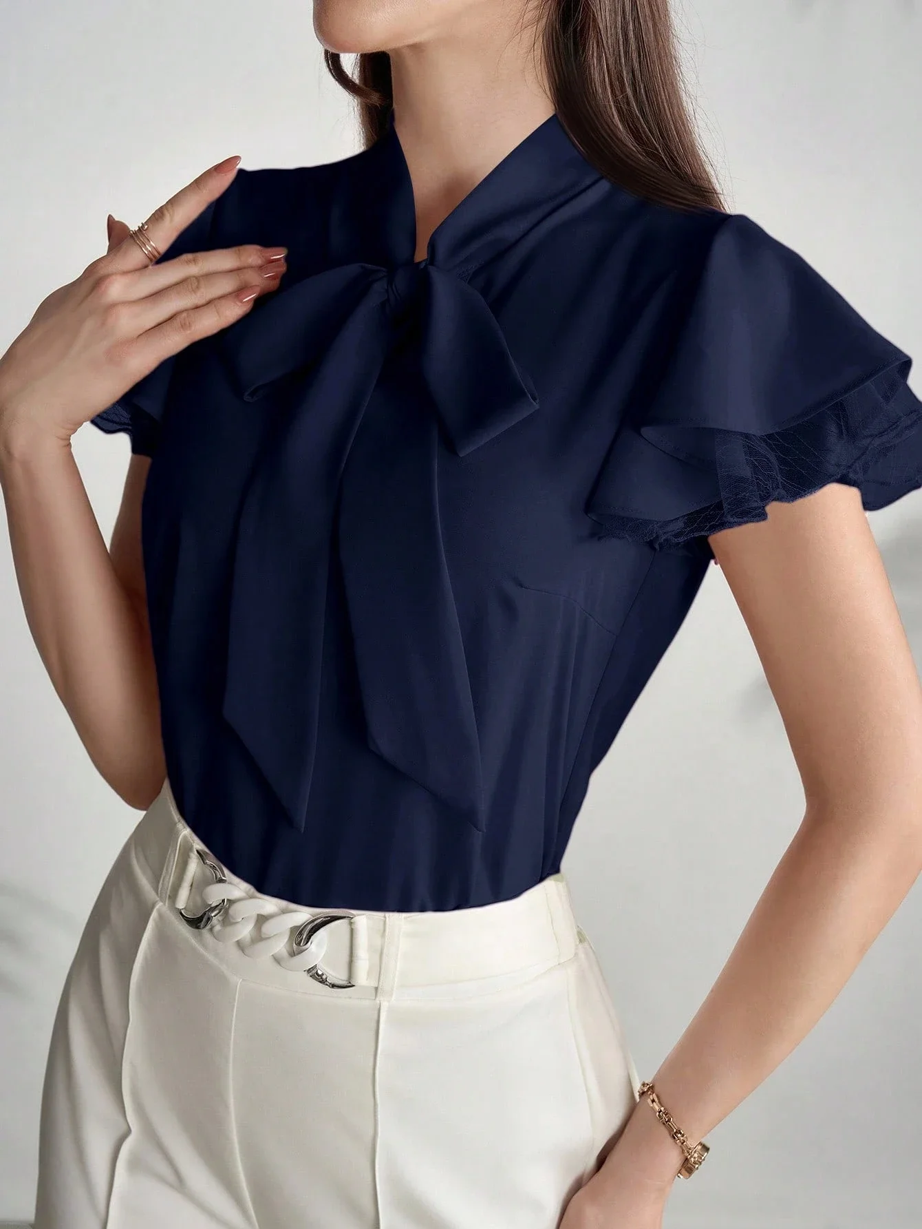 

Women Solid Color Bow Collar Short Sleeve Blouse Elegant Office Summer