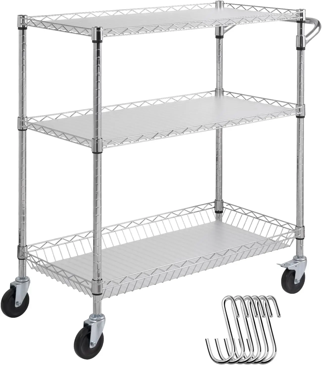 Kitchen Utility Cart, 3 Tiers, Wire Rolling Table with 661 LBS Capacity, Steel Service Desk on Wheels, Metal Storage Trolley wit