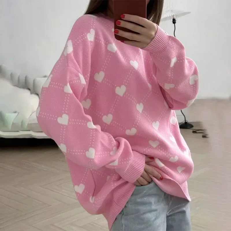 

Knitted Heart Print Sweater Women's O Neck Loose Long Sleeve Knitted Pullover Fall Streetwear Casual Sweater Pullover