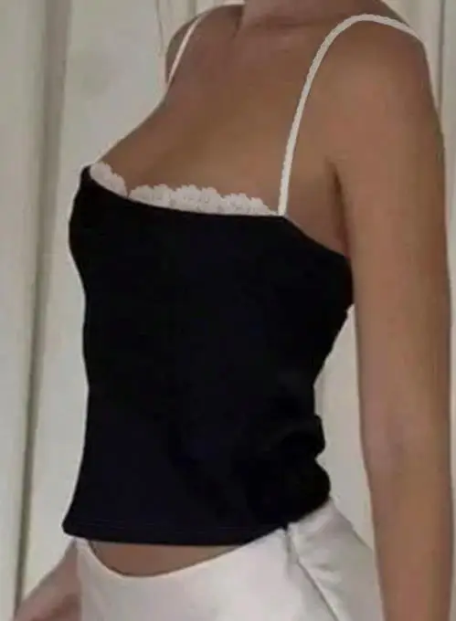 

Sexy Lace Trimmed Vest, Summer New Slim Fit Vest, Lace Patchwork, Low Cut Square Neck, Cinched Waist, Sleeveless Camisole Top