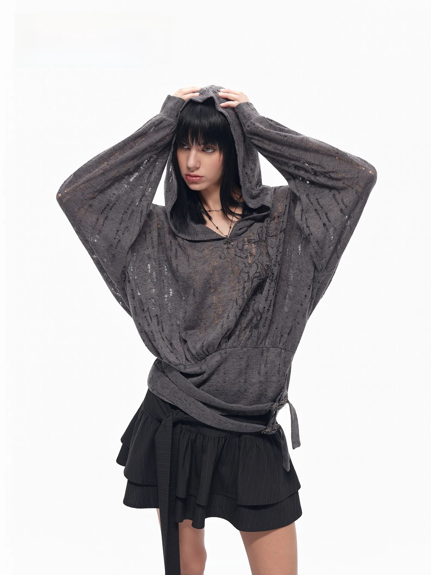 Early Autumn Deep Grey Knitted Hoodie Sweatshirt Cross Print Bat Sleeve Long Sleeve Casual Style Standard Fit Women's T-shirt