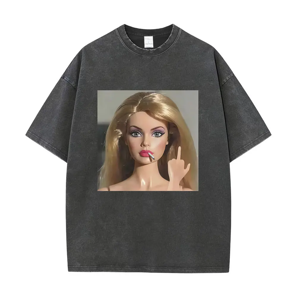 Washed Vintage Funny Disgusting Doll Take A Selfie While Smoking Meme T-shirt Fans Gift Men Women Casual Cotton Oversize T Shirt