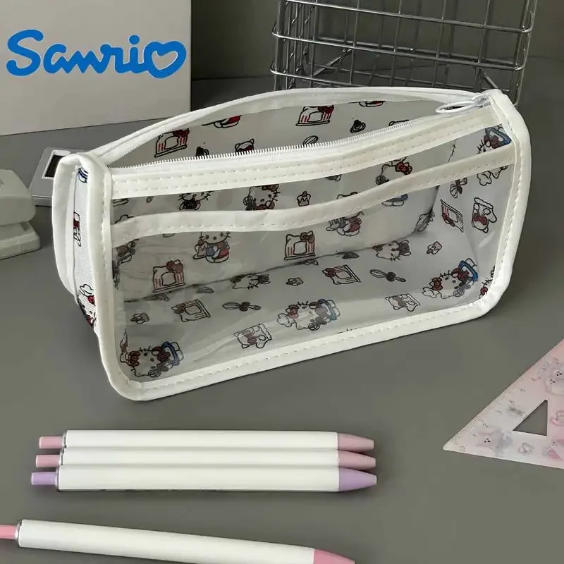 Anime Hello Kitty Translucent Pencil Case Cute Hello Kitty Storage Bag Oxford Cloth Large Capacity Stationery Pouch Gifts