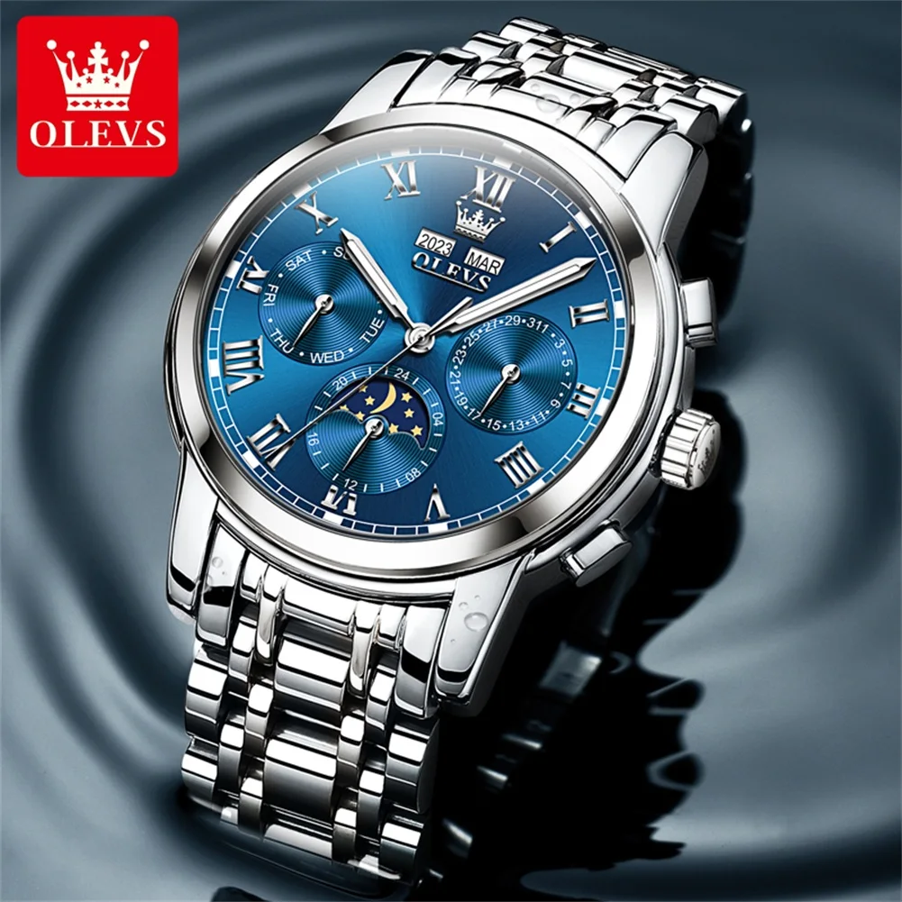 OLEVS-Montre-bracelet mécanique entièrement automatique pour homme, phase de lune, bracelet en acier inoxydable, marque de luxe, originale