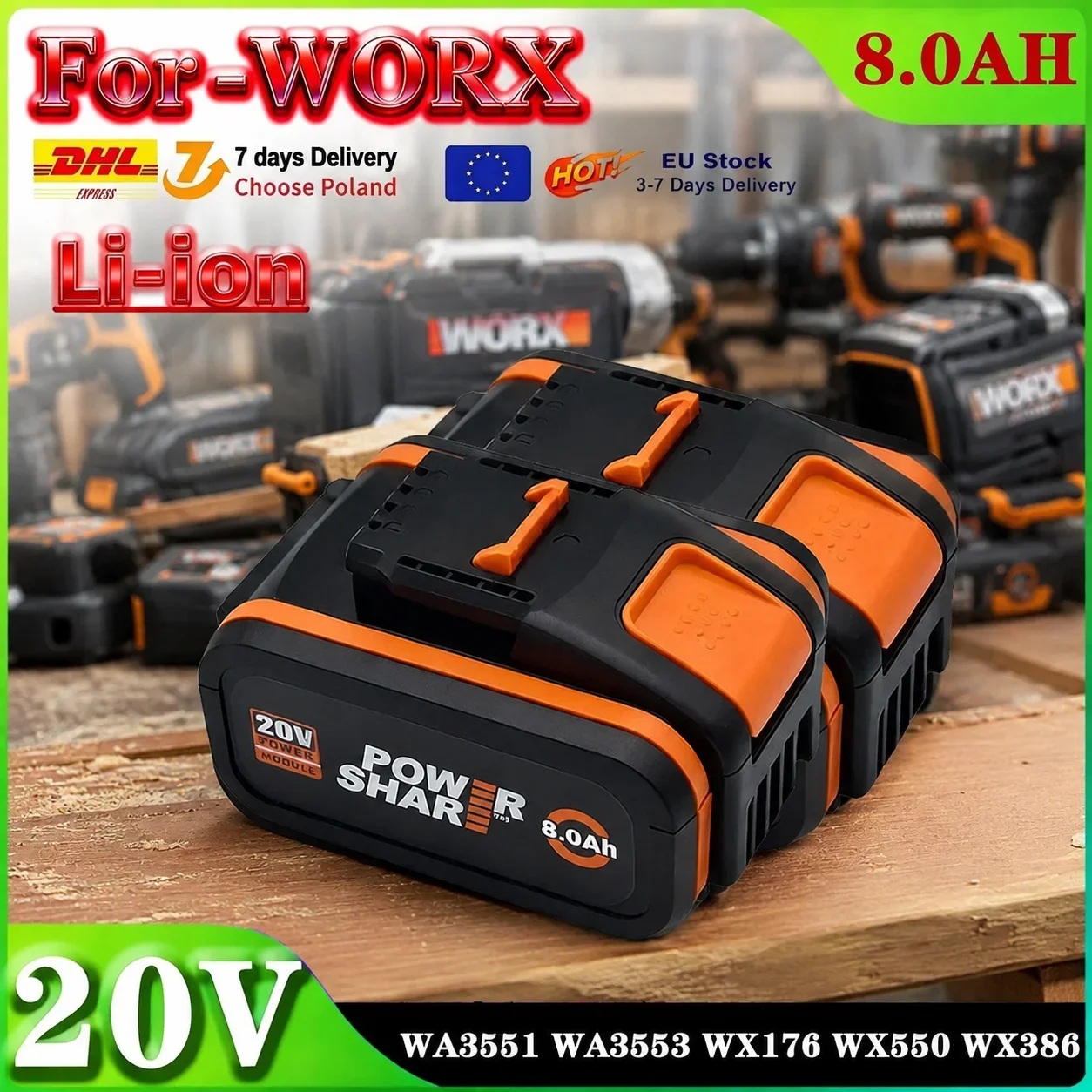 Nuova Batteria Worx 20V 6Ah 8Ah per Utensili Elettrici Wa3014 Wa3551 Wg630 Wg629 Wx372 Wx390 Wx394 Wx550 Wx523 Wx802 Wx858 Wx900
