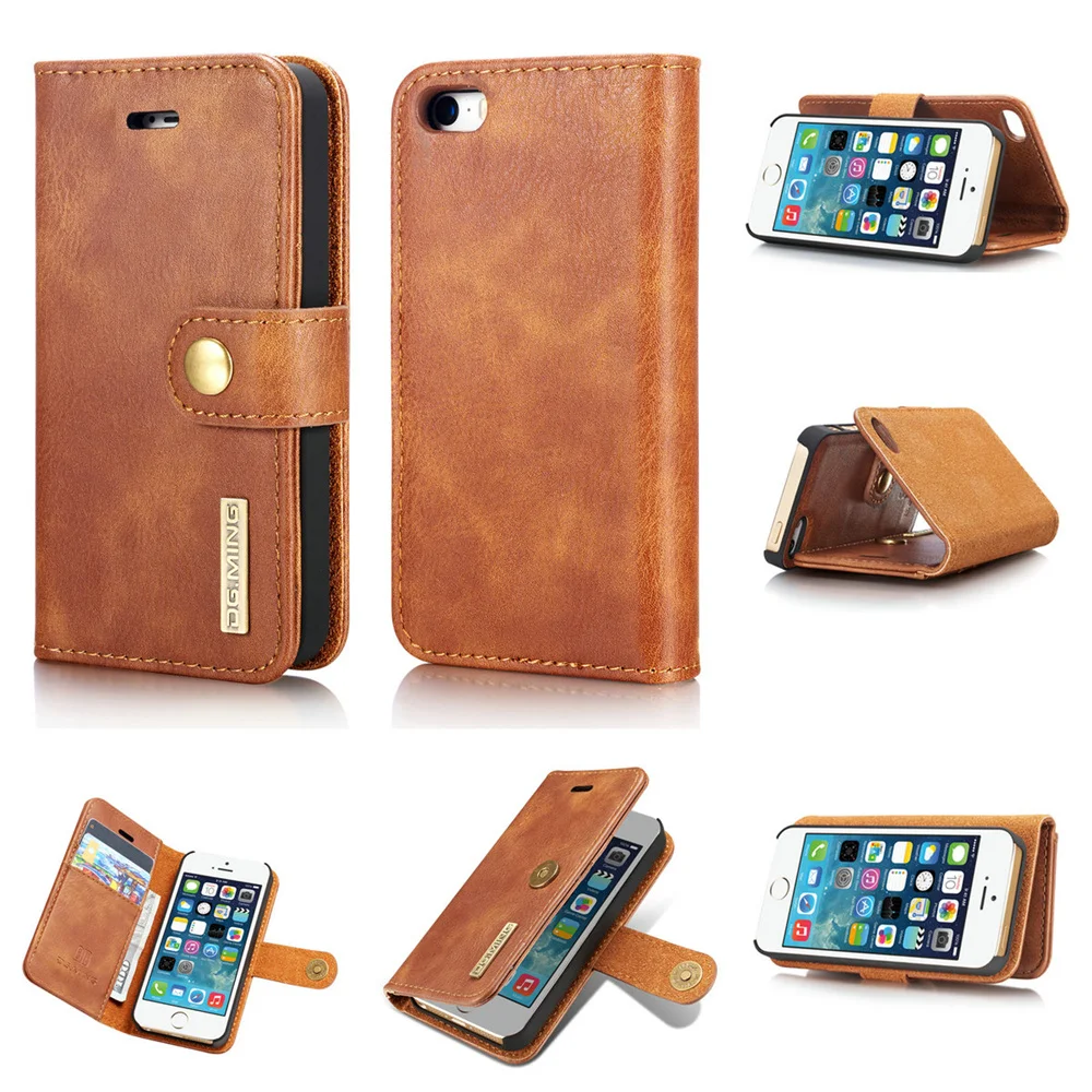 

DG.MING Luxury Detachable Magnetic Folio Flip Leather Case for iPhone 5 5S SE 5G Simple Wallet Case Card Slots Holder Phone Book