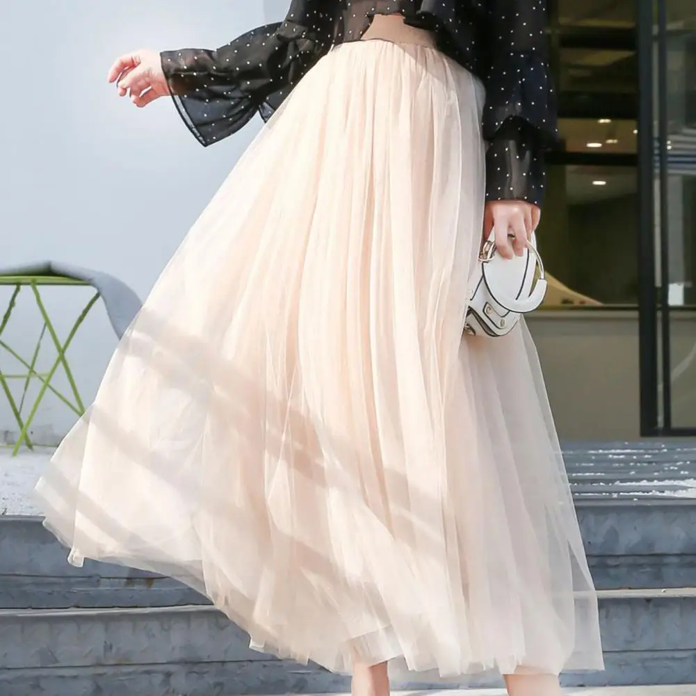 3Layers Mesh Long Tulle Skirt Elastic Waist Elegant High Waist Ball Gown Gauze Skirt For Spring Autumn A-line Pleated Maxi Skirt