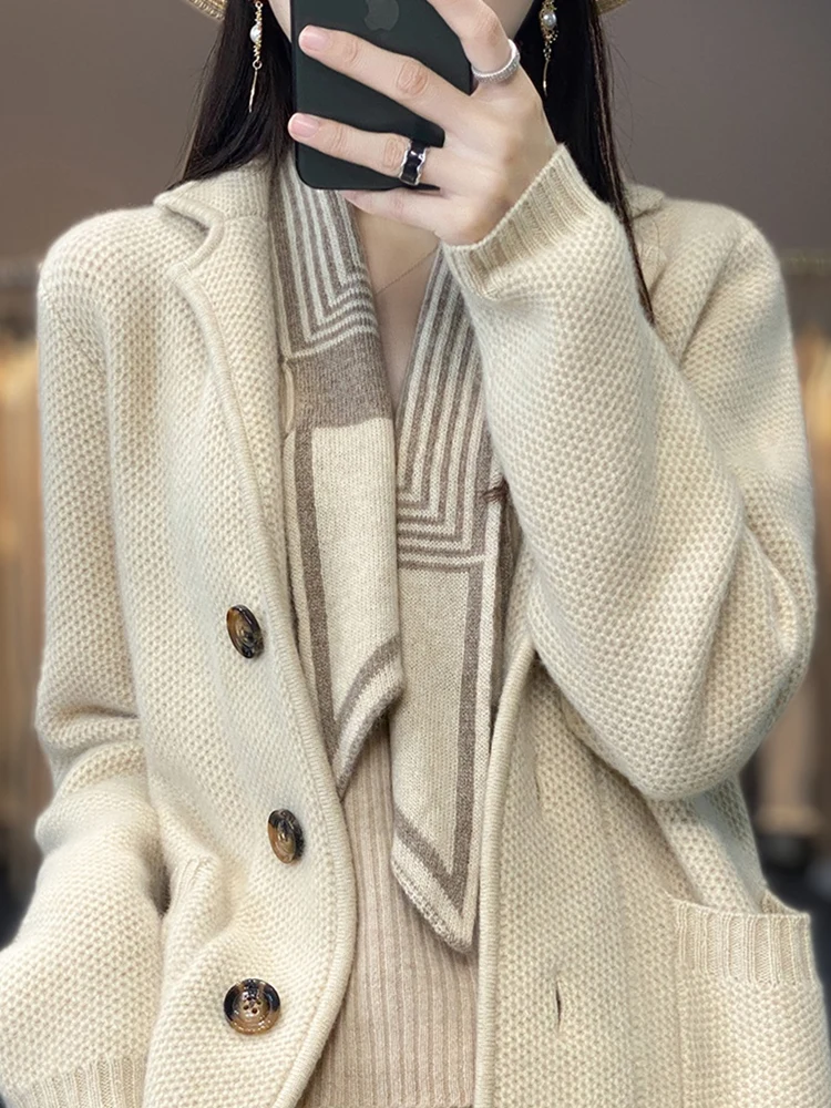 Autumn winter new thickened 100% pure wool cardigan women stand neck sweater sweater loose knit base sweater jacket