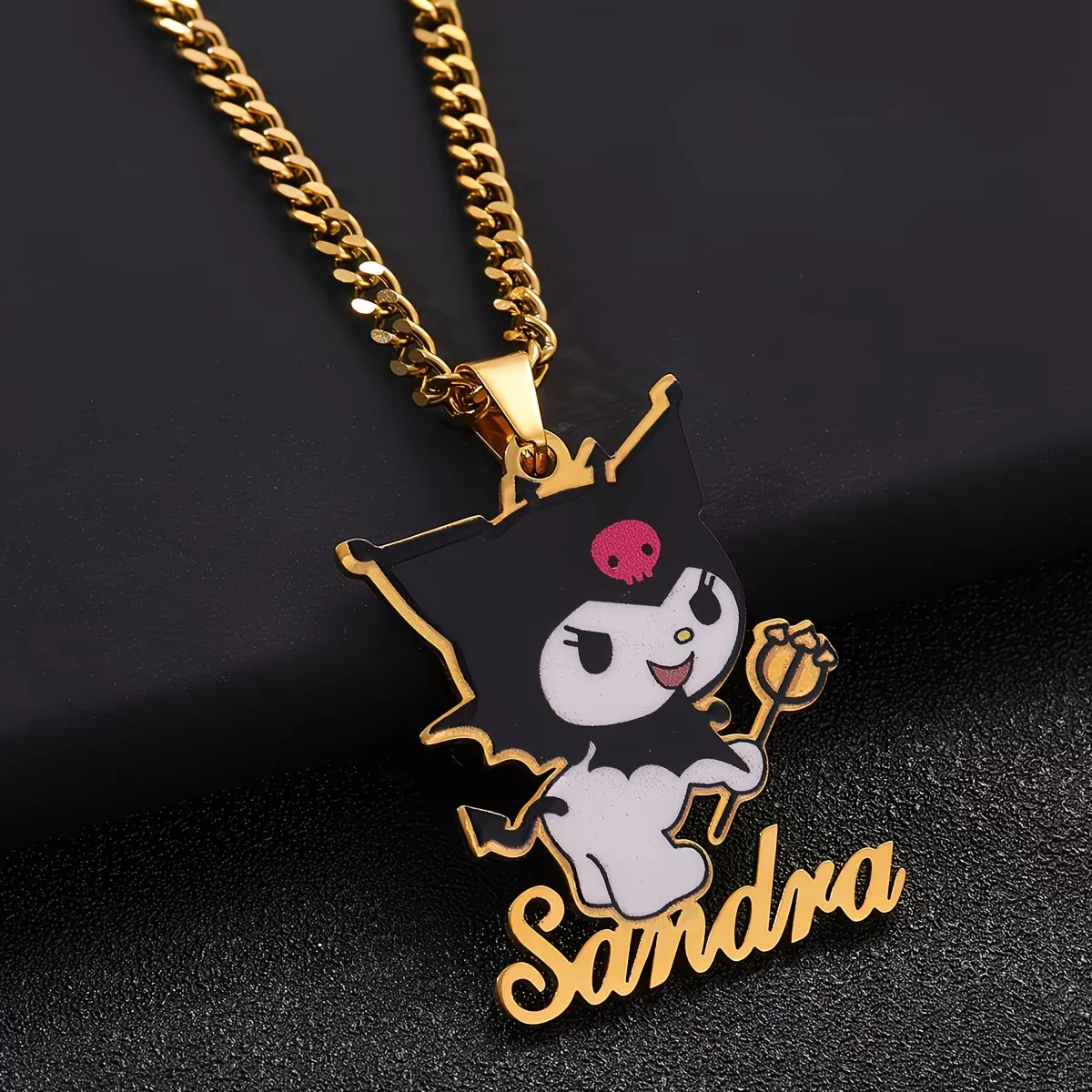 Custom Name UV Printing Colors Staff Kuromi Necklace Personalized Sanrio Pendant Stainless Steel Cuban Chain Jewelry Girl Gifts view 3