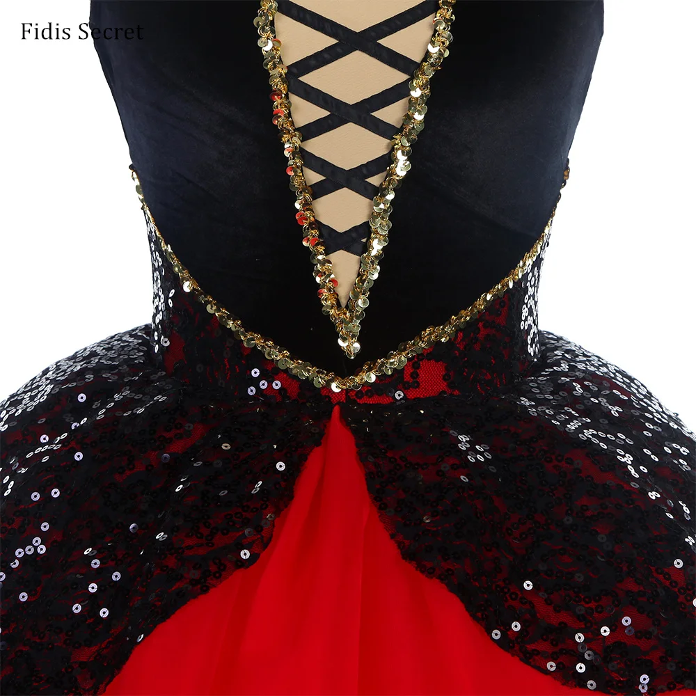 Trajes de Ballet Románticos con Lentejuelas, Corsé de Terciopelo Negro y Faldas Rojas para Mujer, Vestuario para Espectáculos de Danza Coppelia Giselle