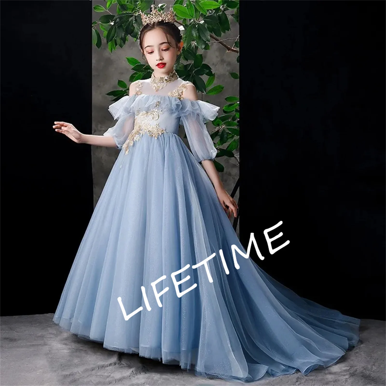 Geschwollene Tüll blaue Spitze Pailletten Kleid Blumen mädchen Kleider nachlaufen Kinder Prinzessin Kleid Hochzeits feier Kleid Erstkommunion Vestido