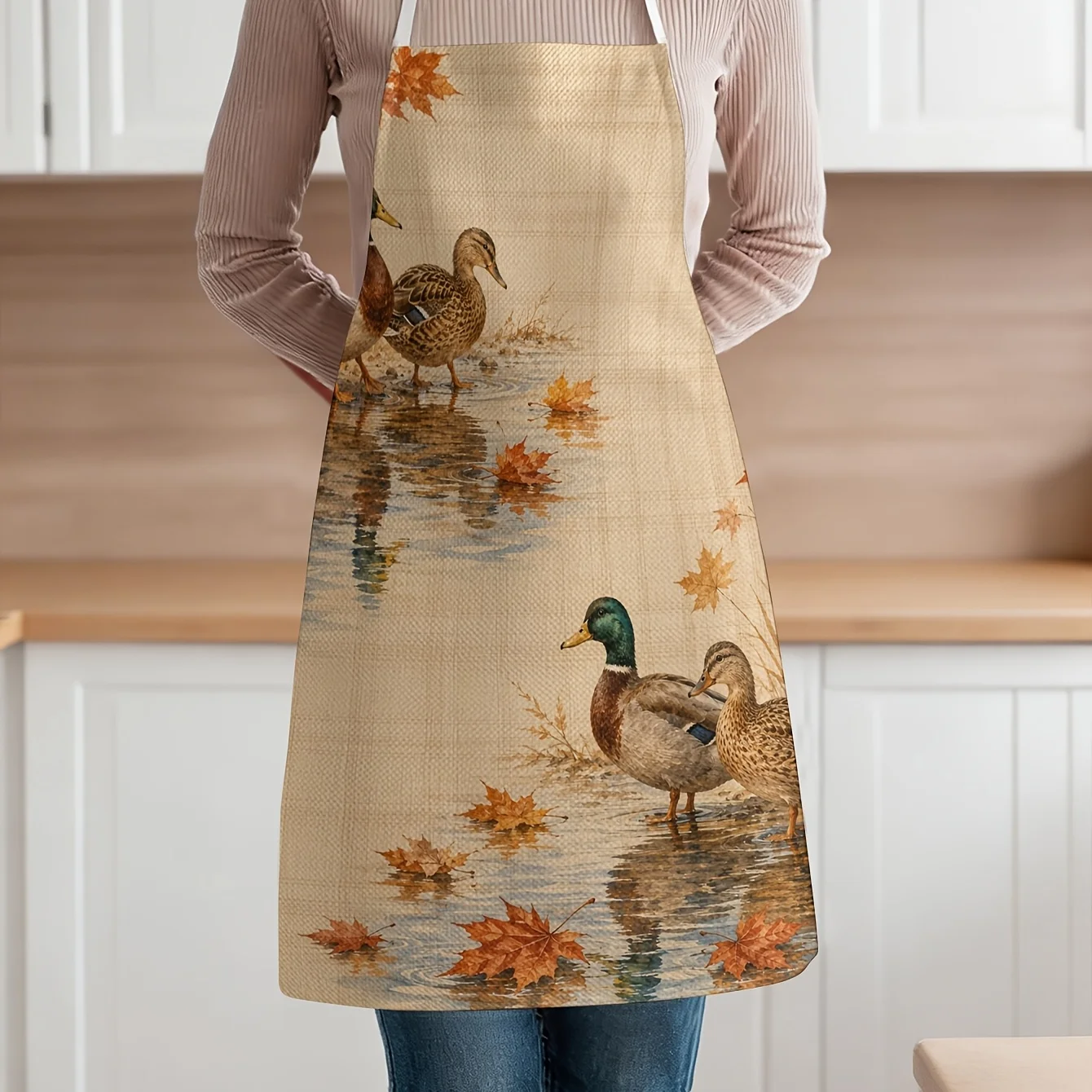 Cute Duck Family Autumn Pond Apron Reusable Kitchen Apron for Cooking Baking Picnic Outdoor Wear