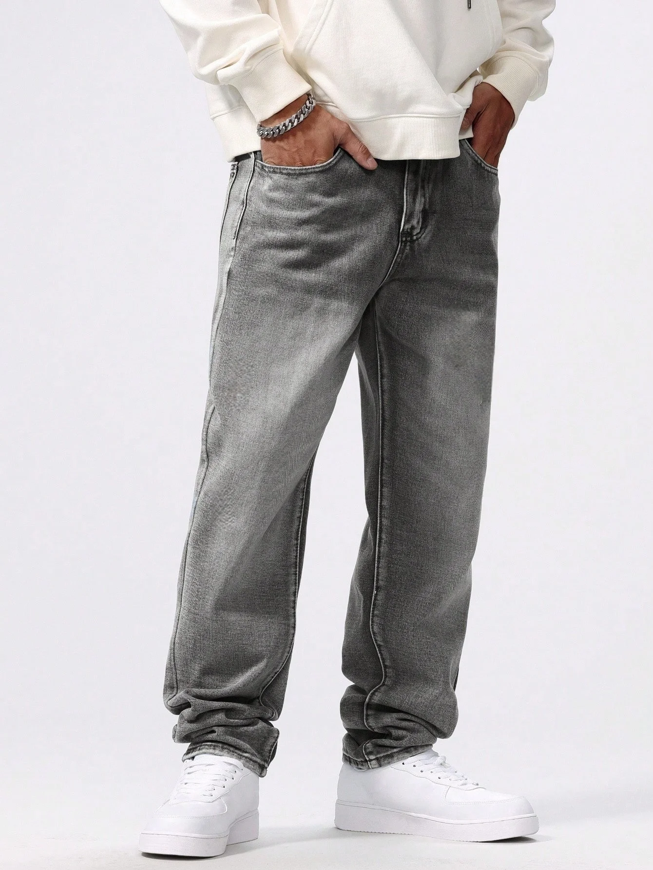 جينز رمادي نحيف للرجال ذو ساق مستقيمة على طراز الشارع الأمريكي هو تصميم بسيط مناسب للارتداء اليومي #5