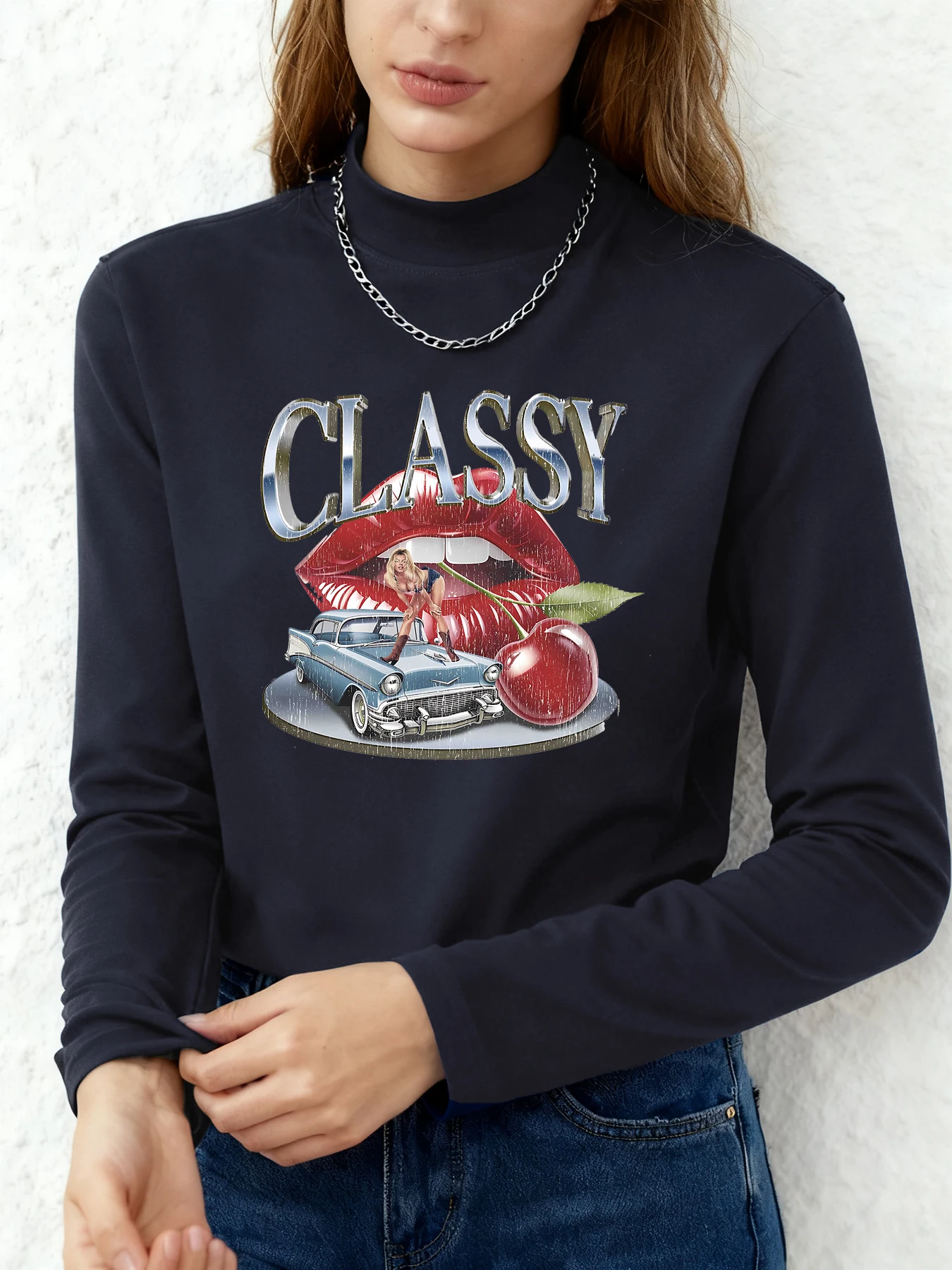 

Женская блузка с воротником-стойкой и длинными рукавами, стильный пуловер с принтом «Красные губы/Винтажная машина/Вишня», винтажный повседневный топ в стиле Y2K