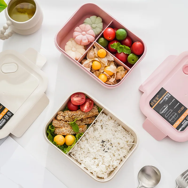 Bamboo fiber student plastic lunch box, sealed multi-grid microwave oven bento box office lunch box