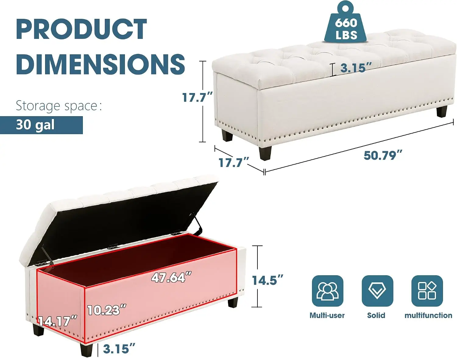 Upholstered Storage Ottoman Bench, Rectangular End Of Bed Organizer Chest, Deep Living Room Seating Trunk With Button Tufted Top, Classic Bedroom Footrest Stool, Beige
