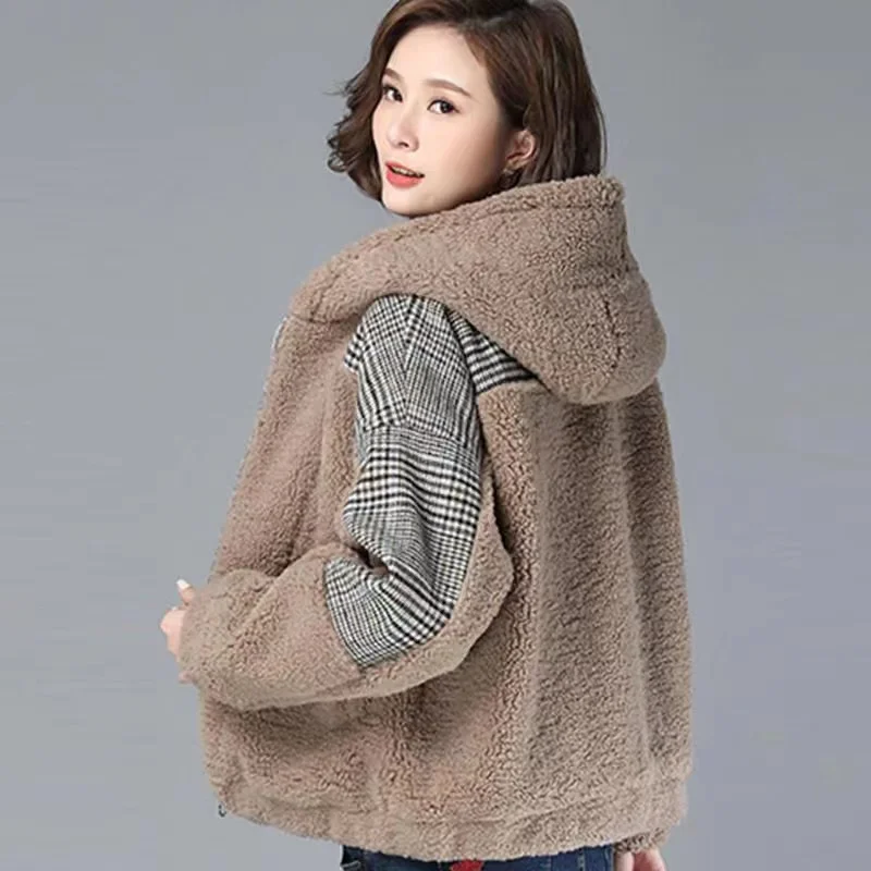 Herbst Winter Lamm Kaschmir Mantel Frauen neue kurze lose Kapuzen jacke Fleece verdicken Oberbekleidung Mode Mantel weiblich