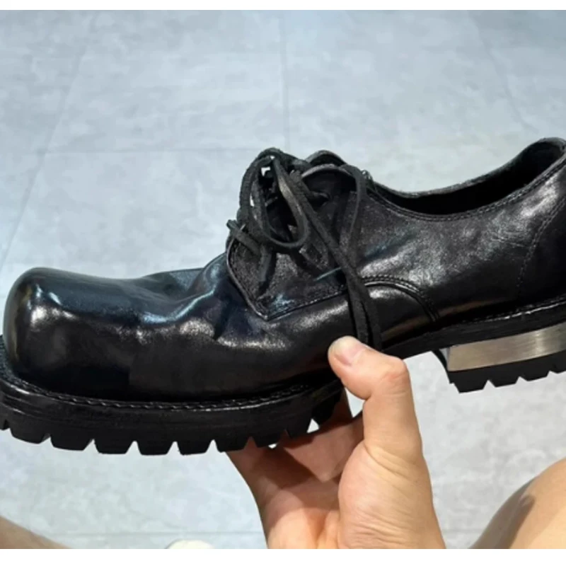 Platform Lace-Up Metal Square-Toe Chunky Heels Loafers Shoes Men's 2026 Black Upturned Toes Front Laces Casual Formal Footwear