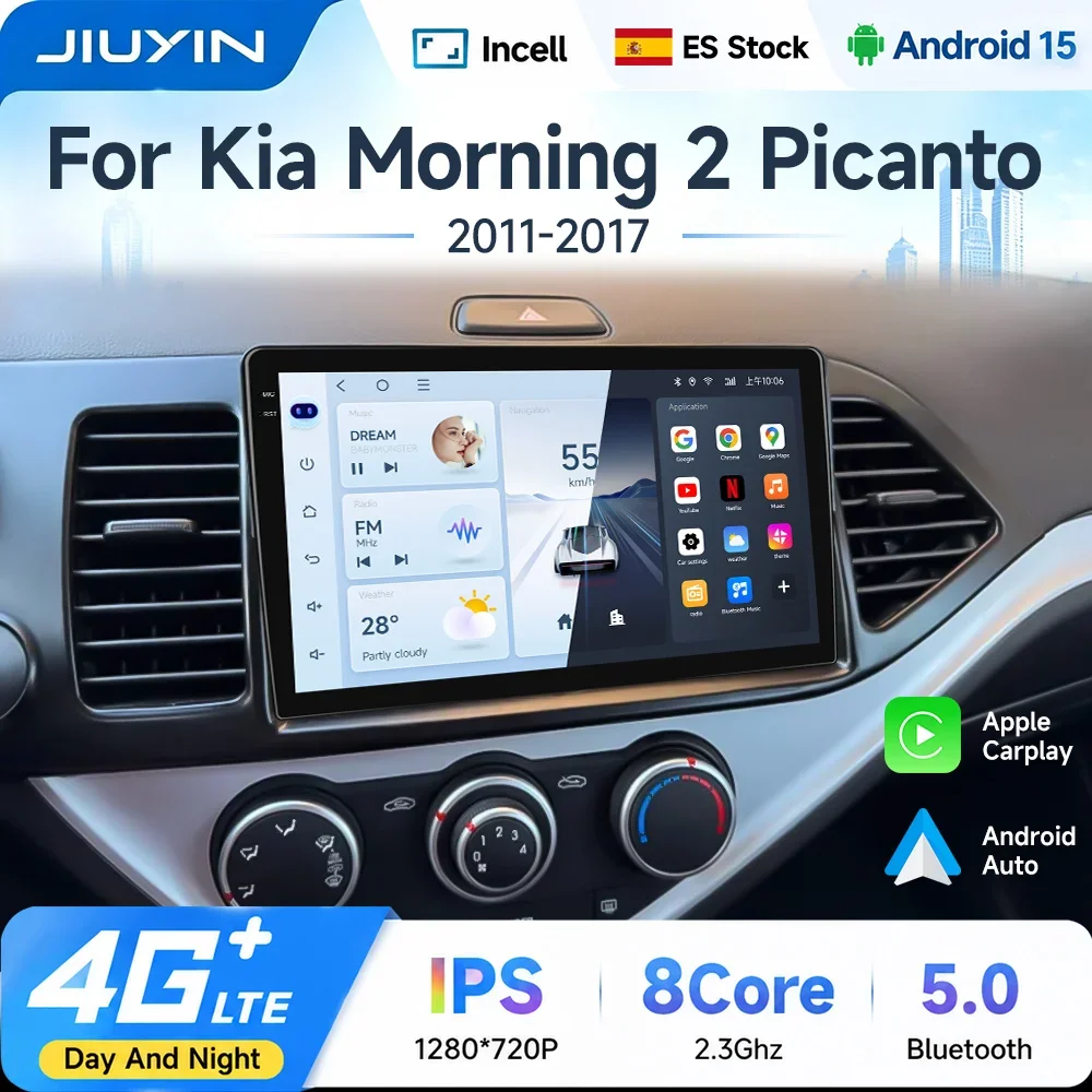 JIUYIN 9" Android Autoradio für KIA PICANTO Morning 2011 - 2016 Multimedia-Videoplayer 2 Din Wireless CarPlay Audio Auto-Stereo-Bildschirm