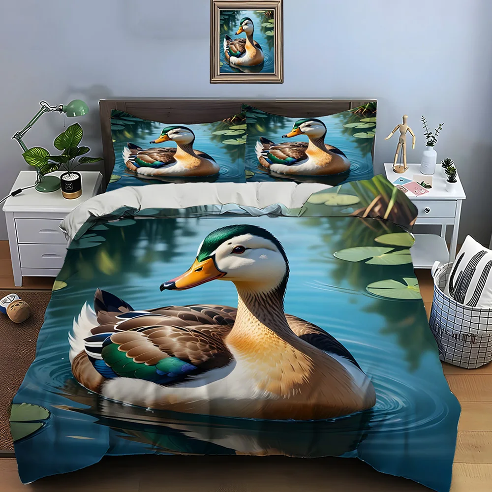 Colorful duck swimming in pond Print Soft Comfortable Duvet Cover Bedding Set Included 1*Duvet Cover  2*Pillowcases for gifts