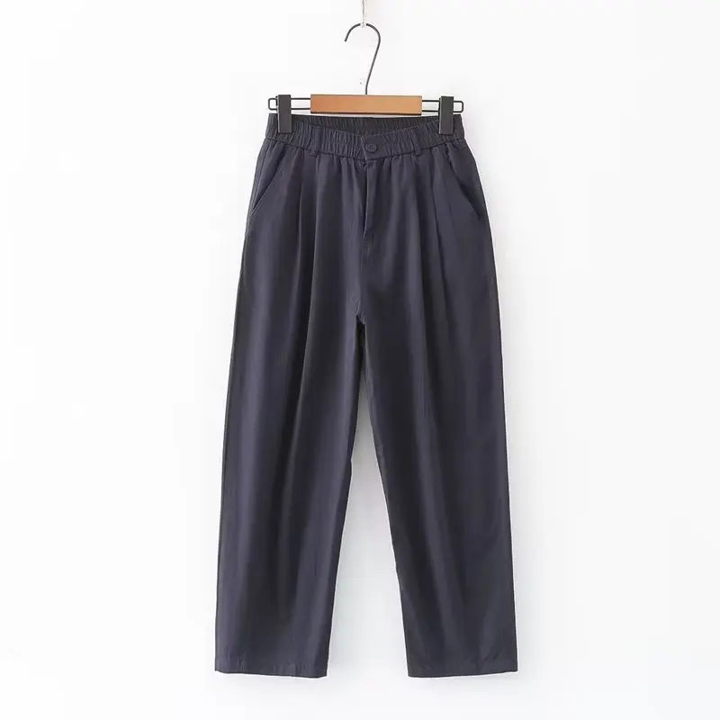 New Summer Cotton Cargo Pants Women Elastic Waist Solid Commute Trousers Mori Girl French Casual Thin Pants 2024 Fall B47483QC