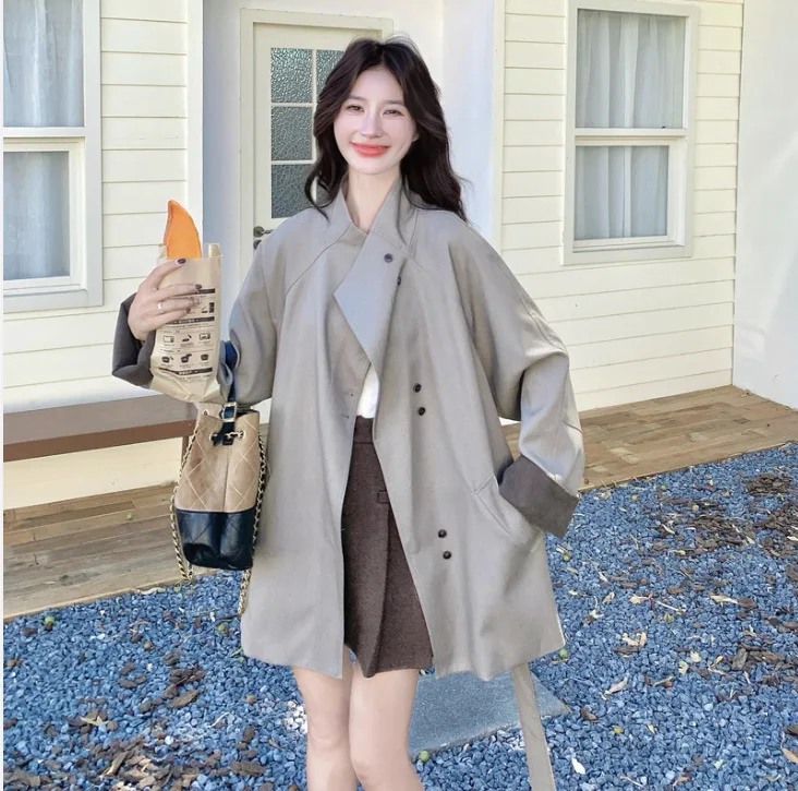 

SuperAen Korean Grey Retro Design Trench Coat for Women Autumn 2026 New Fashion and Casual Stand-up Collar Mid-length Coats