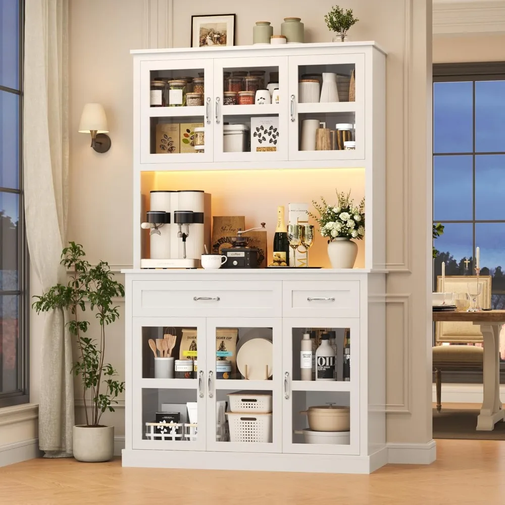 

71" Pantry Cabinet with LED Light and Charging Station, Kitchen Pantry Cabinet with Glass Doors and Microwave Stand, Kitchen Ca