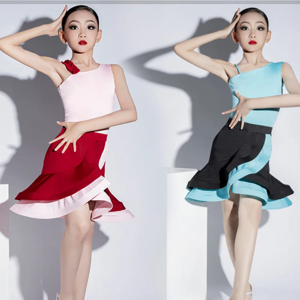

Girls Child Salsa Tango Cha Cha Practice Top Skirt Girls Competition Performance velvet Ruffle Ballroom Latin Dance Wear Dress