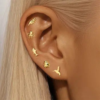 CANNER 1 Adet 925 Ayar Gümüş Beş Pençeli Ahtapot Kuş Köpekbalığı Dinozor Kedi Pençesi Saplı Küpe Kadınlar İçin Hayvan Figürlü Piercing İnce Takı 10 best sales Ahtapot piercingi - №8