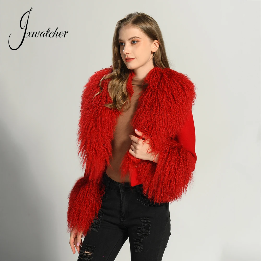 Jxwatcher Women's Wool Caot with Real Mongolian Sheep Fur  Autumn Winter Short Jacket Ladies Fashion Cashmere Wool Blend Coats