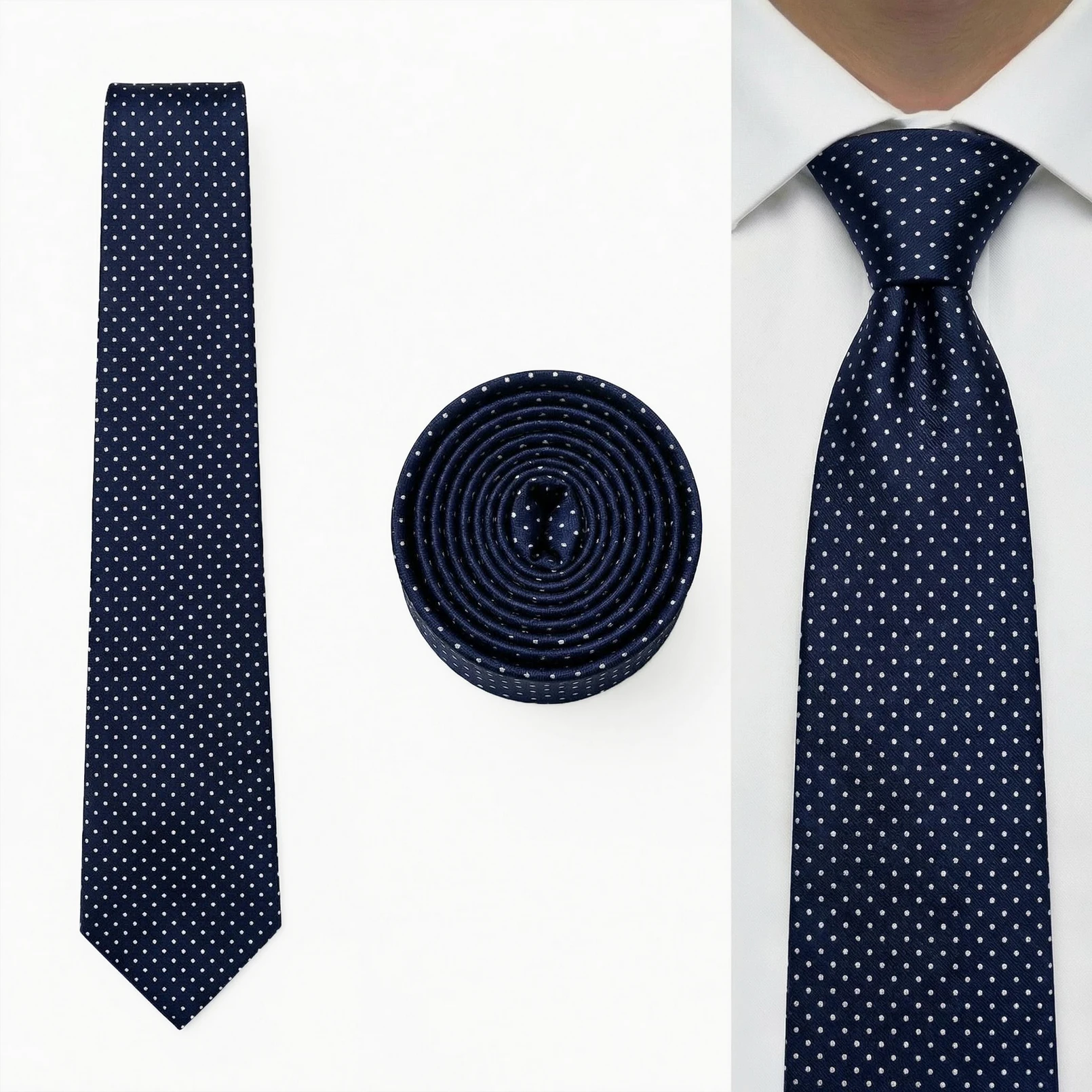 Navy Dark Blue White Dots Tie Set For Men Necktie Pocket Square Combo Classic Extra Long Skinny Slim Business Wedding Classic