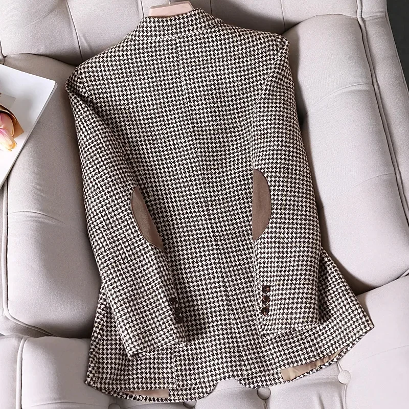 กาแฟลายสก๊อต Blazer ผู้หญิงอารมณ์ขนสัตว์แขนยาวใหม่แฟชั่น Slim Jacket สํานักงานสุภาพสตรีเสื้อทํางานเสื้อสีเทา