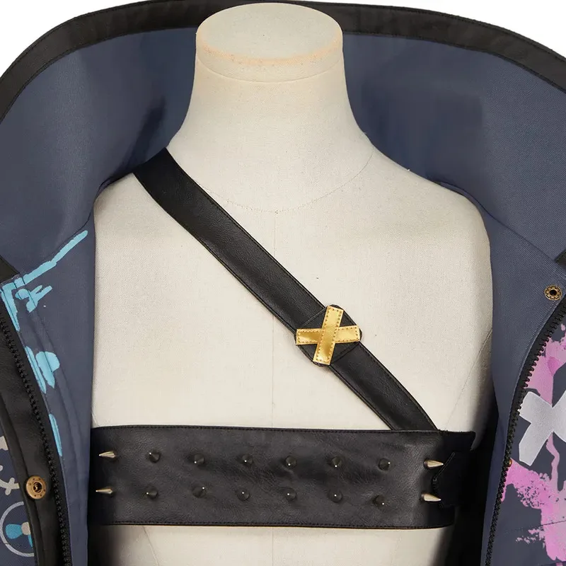 Juego LoL Jinx, conjunto de chaqueta de Cosplay, disfraz Arcane TV 2, disfraz, sombrero, peluca, abrigo, camisas, cinturón de busto, conjunto completo de traje de Halloween para mujer