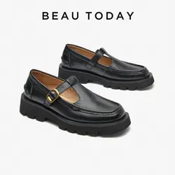 Beautoday Leisure Flats Women Genuine Cow Leather Round Toe Metal Buckle Solid Color Retro Spring Ladies Shoes Handmade 28463